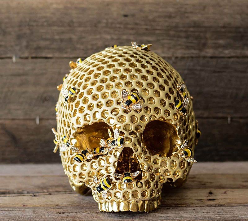 golden beehive skull with bees